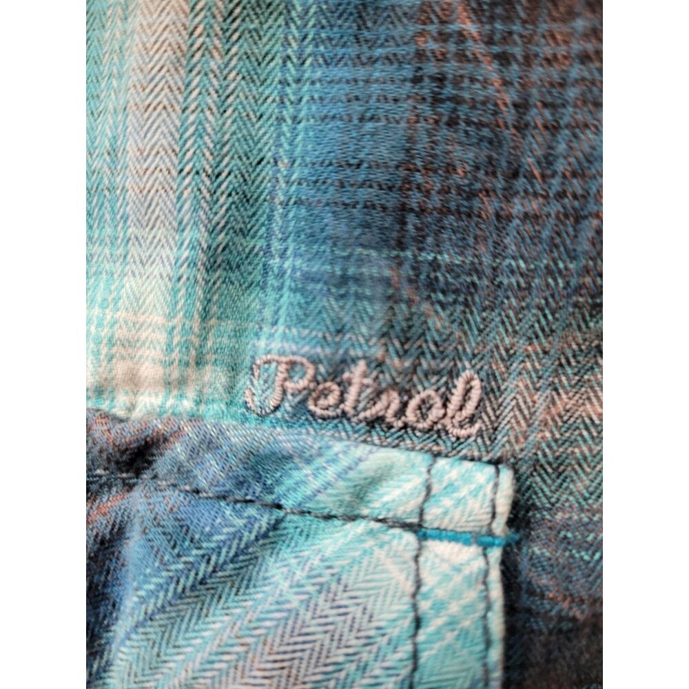 Petrol Industries Mens L Plaid Western Shirt Pearl Snap Blue Brown 100% Cotton - Picture 12 of 12